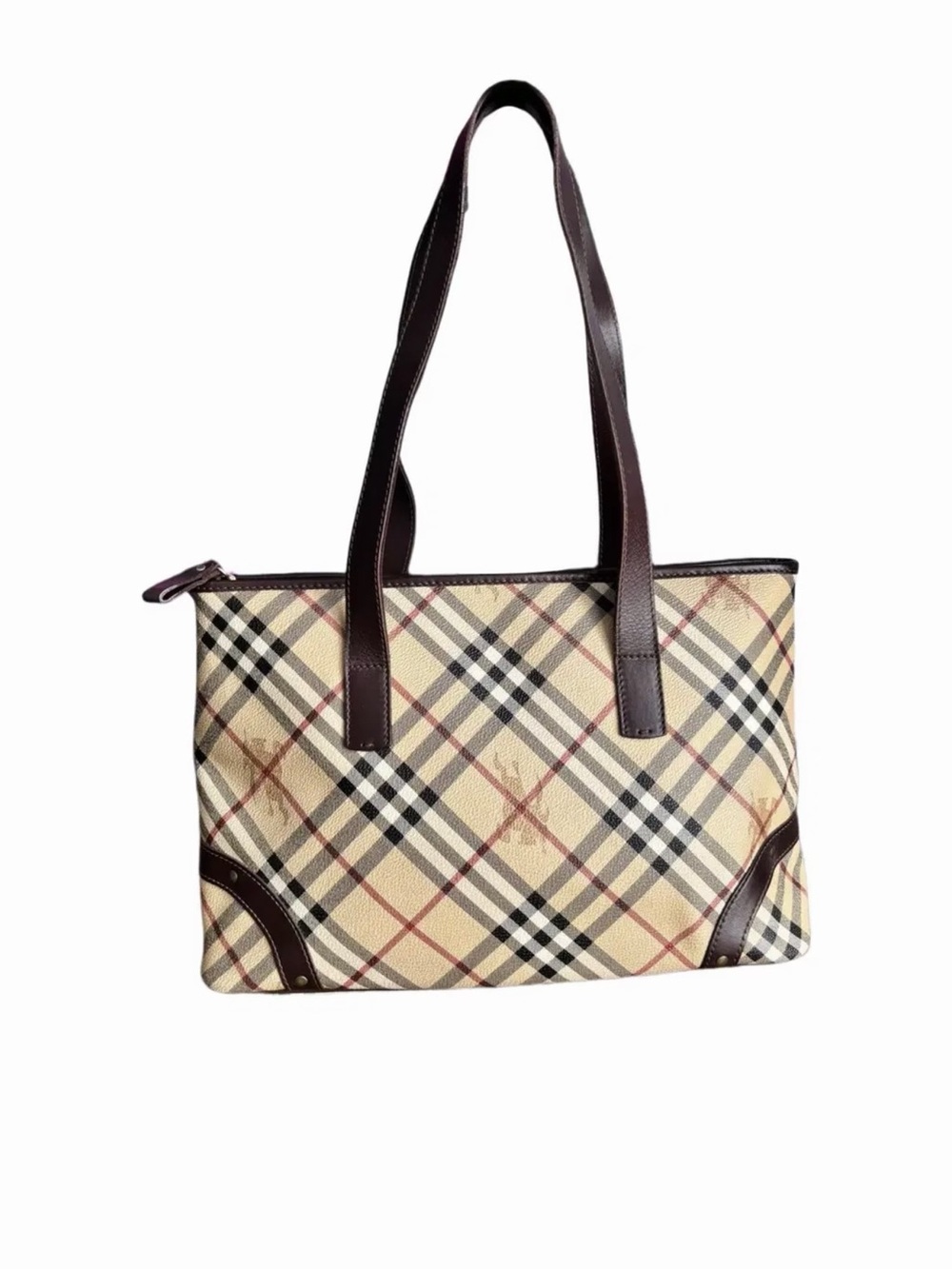 Burberry Tan Plaid Tote with Brown Trim